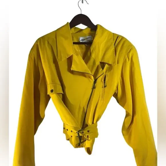 Vintage 80s Yellow Silk Moto Jacket Bold Shoulders Structured Hong Kong Made - Picture 3 of 15